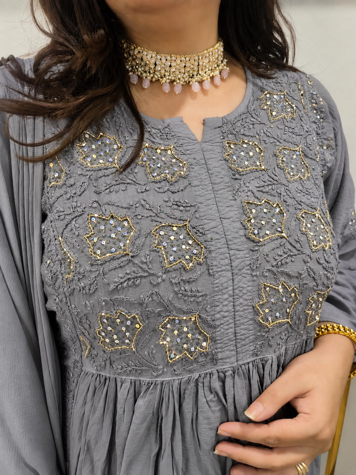 Grey Chanderi Chikankari Suit Set