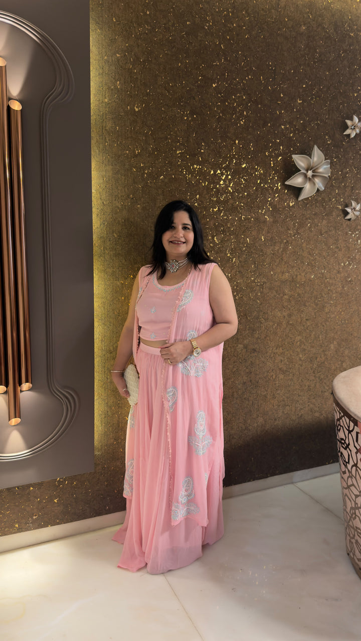 Baby Pink Georgette Chikankari Crop top shrug Set - Custom Made