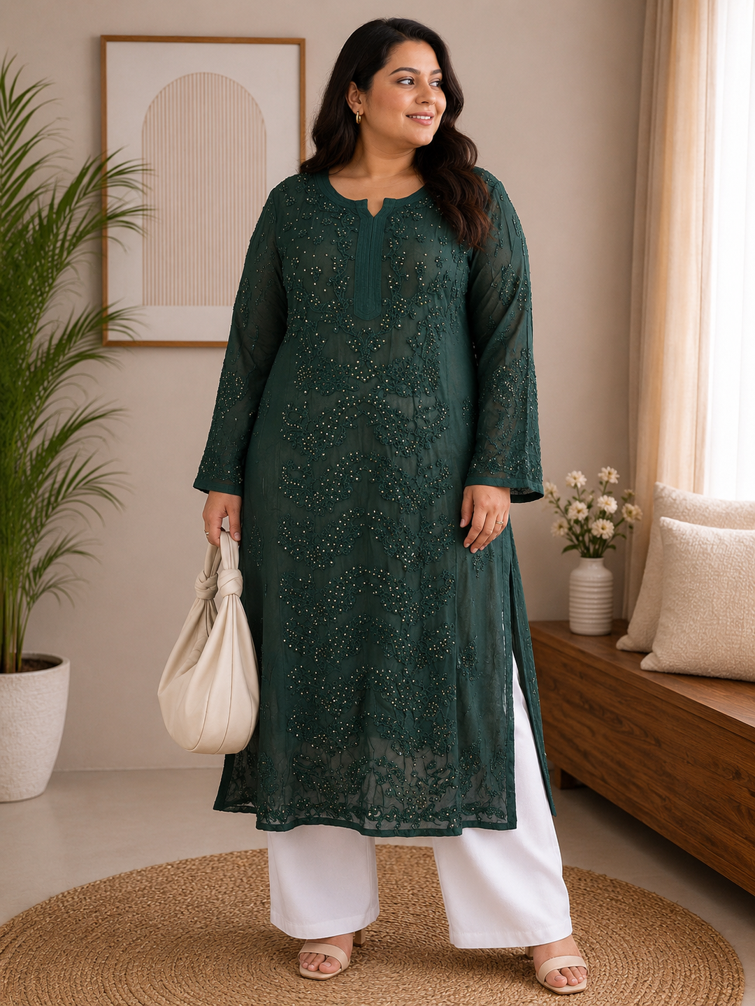 Dark green Georgette Chikankari Kurta