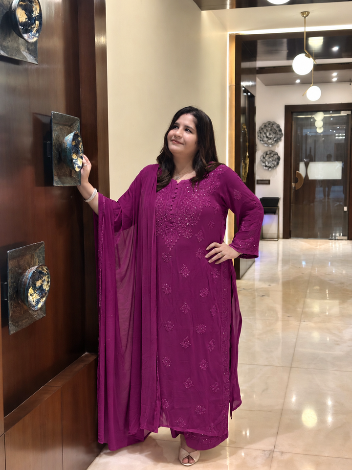 Purple Chikankari Georgette Suit Set-Custom Made
