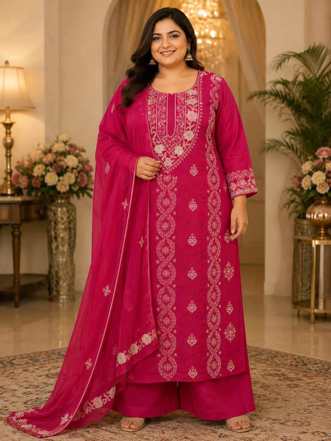 Rani pink Georgette Chikankari Kurta Dupatta Fabric