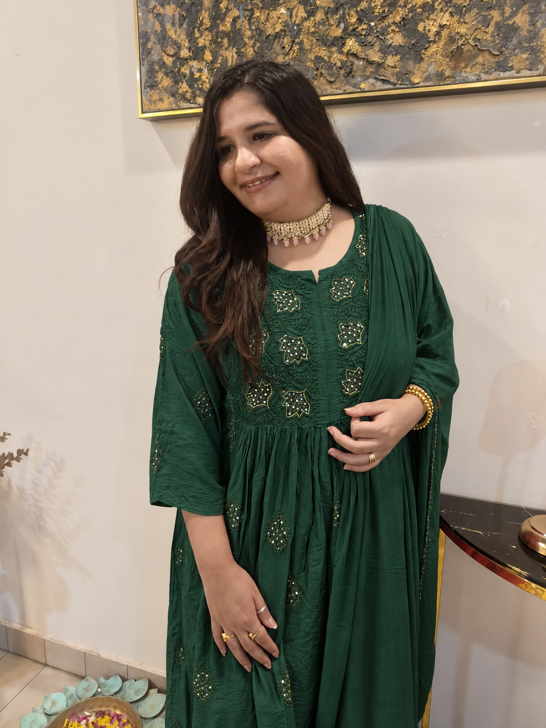 Dark green Chanderi Chikankari Suit Set