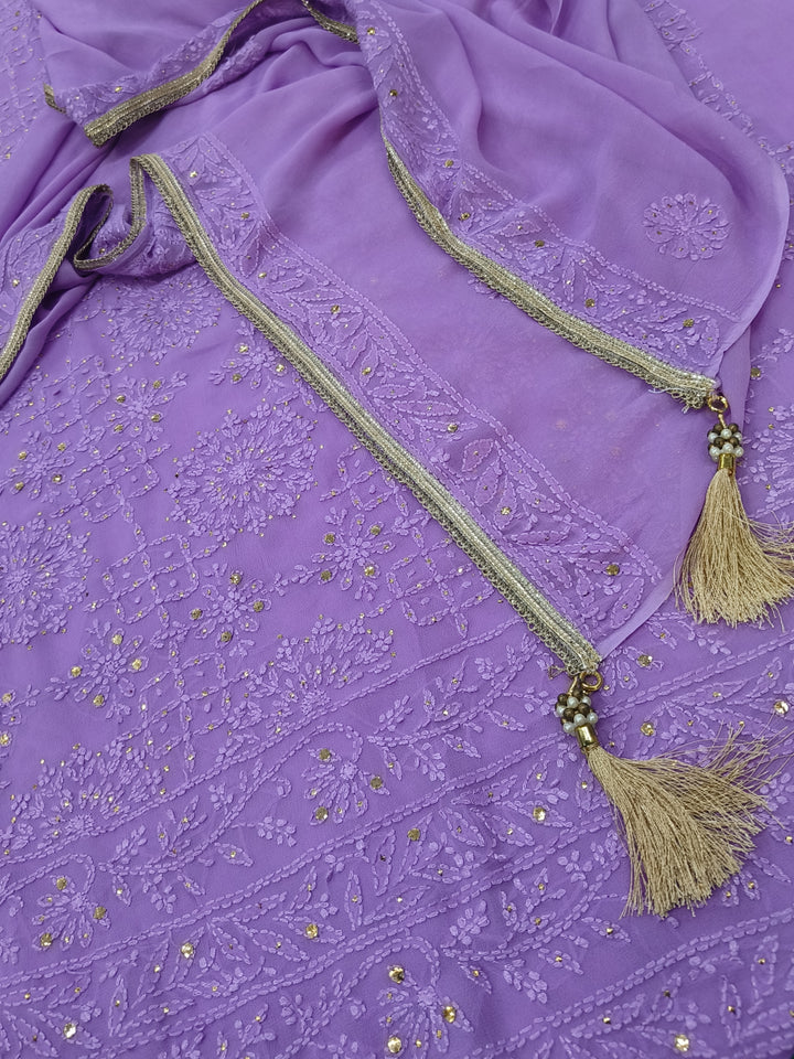 Lavender Pure Georgette Chikankari kurta dupatta Fabric