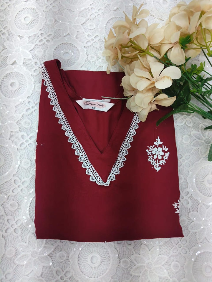 Maroon rayon Chikankari short kurta