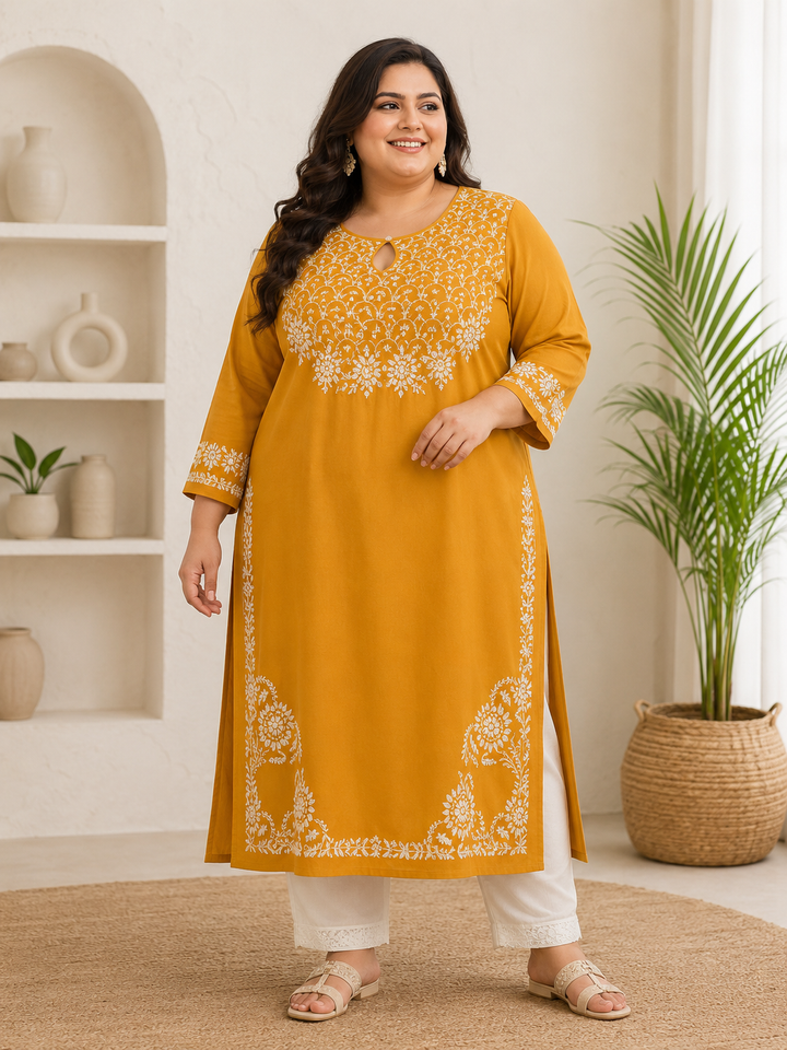 Mustard Rayon Chikankari Kurta -Custom Made