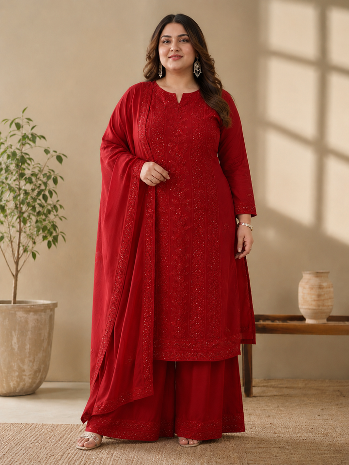 Red georgette Chikankari kurta duppata fabric
