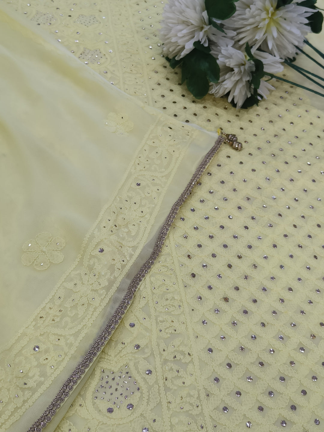 Yellow Pure Georgette Chikankari Kurta duppata fabric