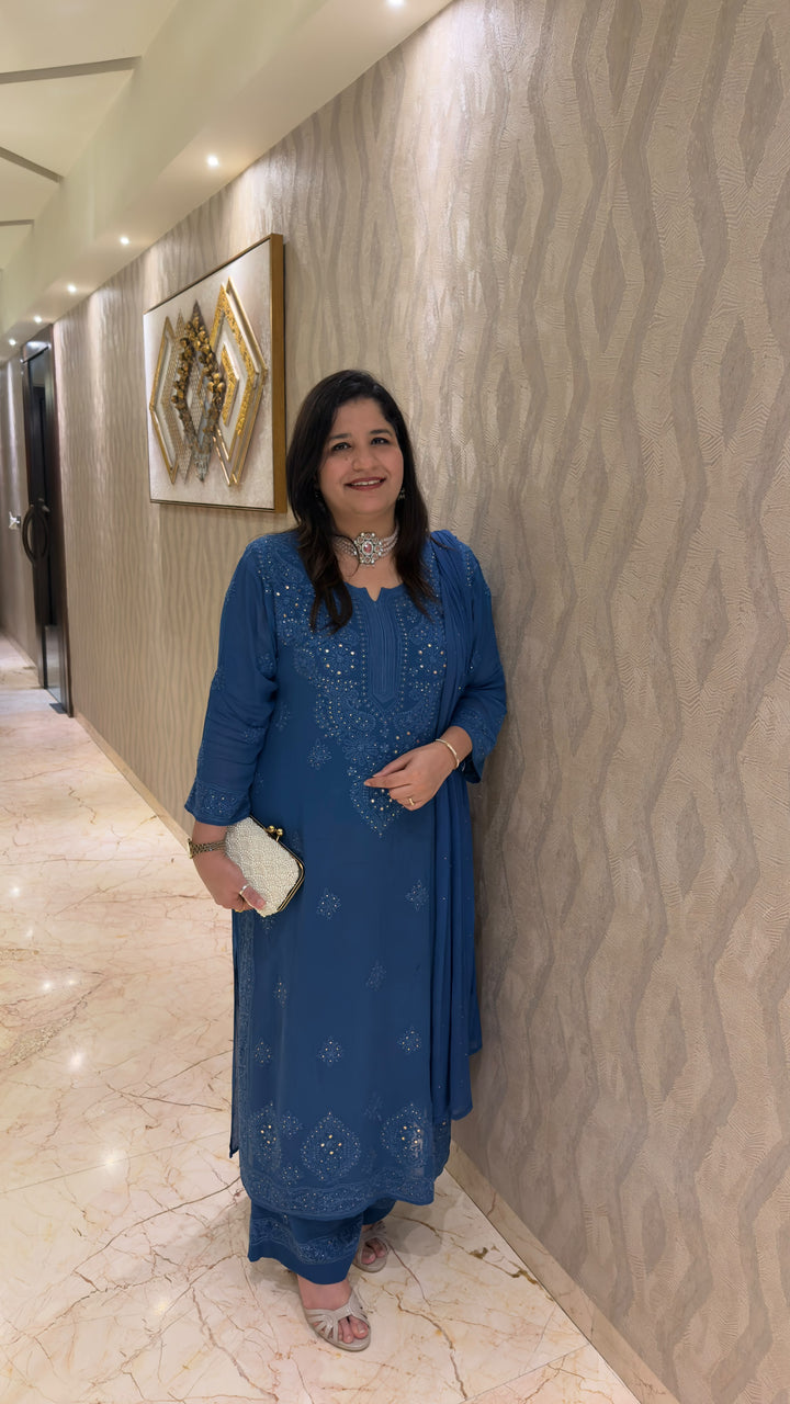 Royal blue Chikankari Georgette Suit Set -Custom Made (DLG-123)