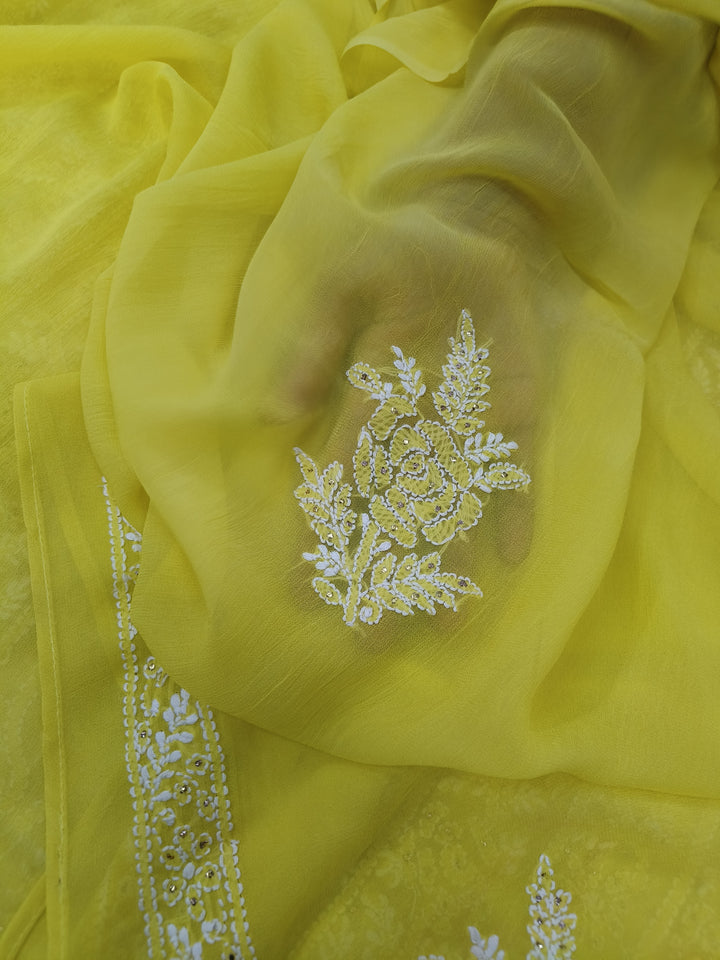 Lemon yellow Georgette Chikankari Kurta duppata fabric