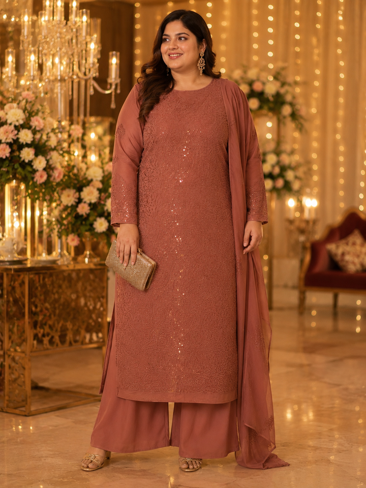 Brown Pure Georgette Chikankari kurta Dupatta Fabric -Custom Made