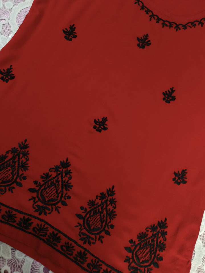 Red rayon chikankari short kurta - Custom Made