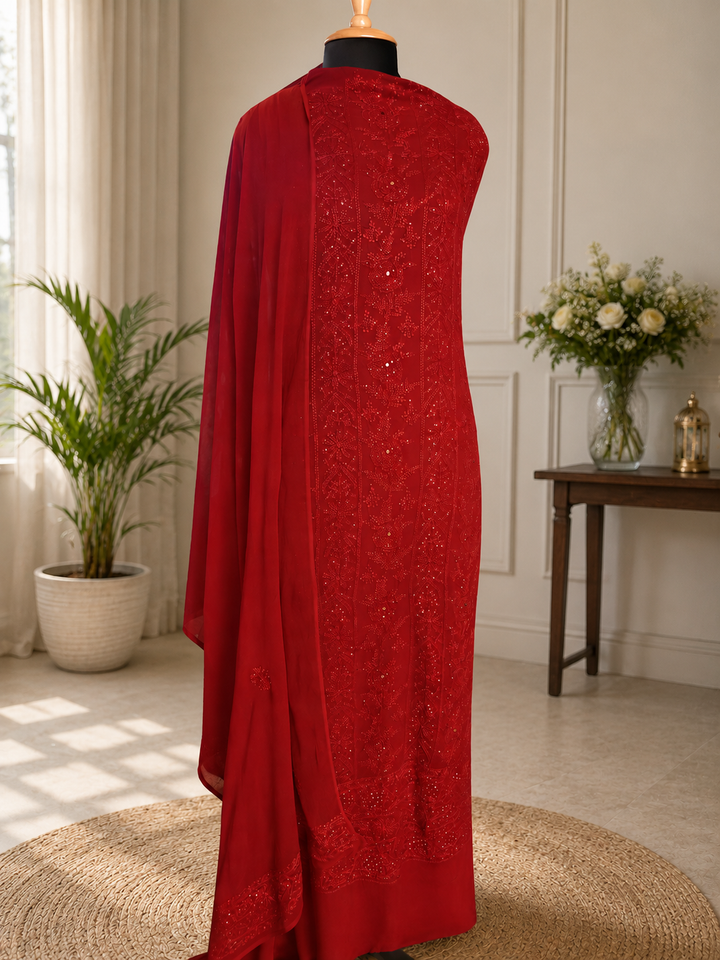 Red georgette Chikankari kurta duppata fabric