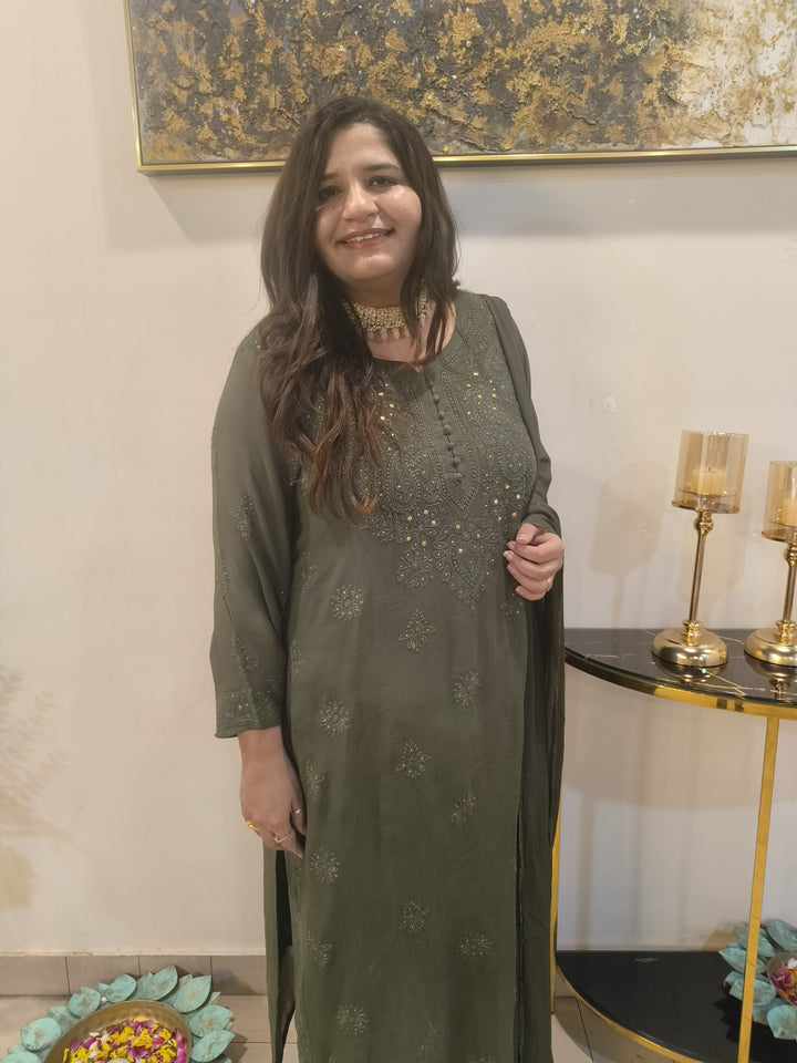 Olive green Georgette Chikankari Suit Set-Custom Made