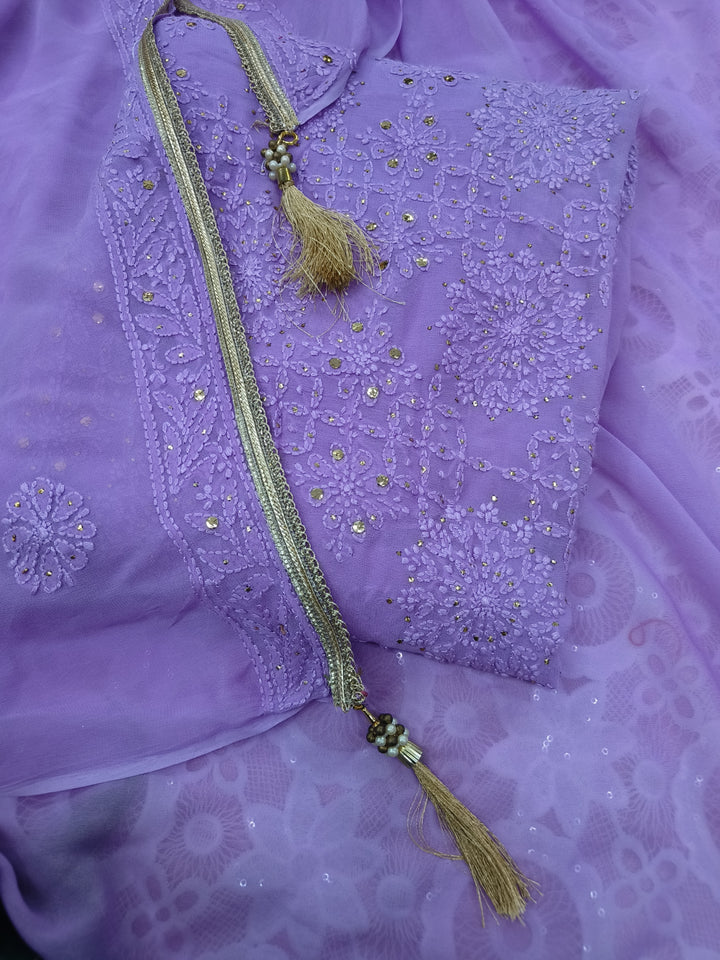 Lavender Pure Georgette Chikankari kurta dupatta Fabric