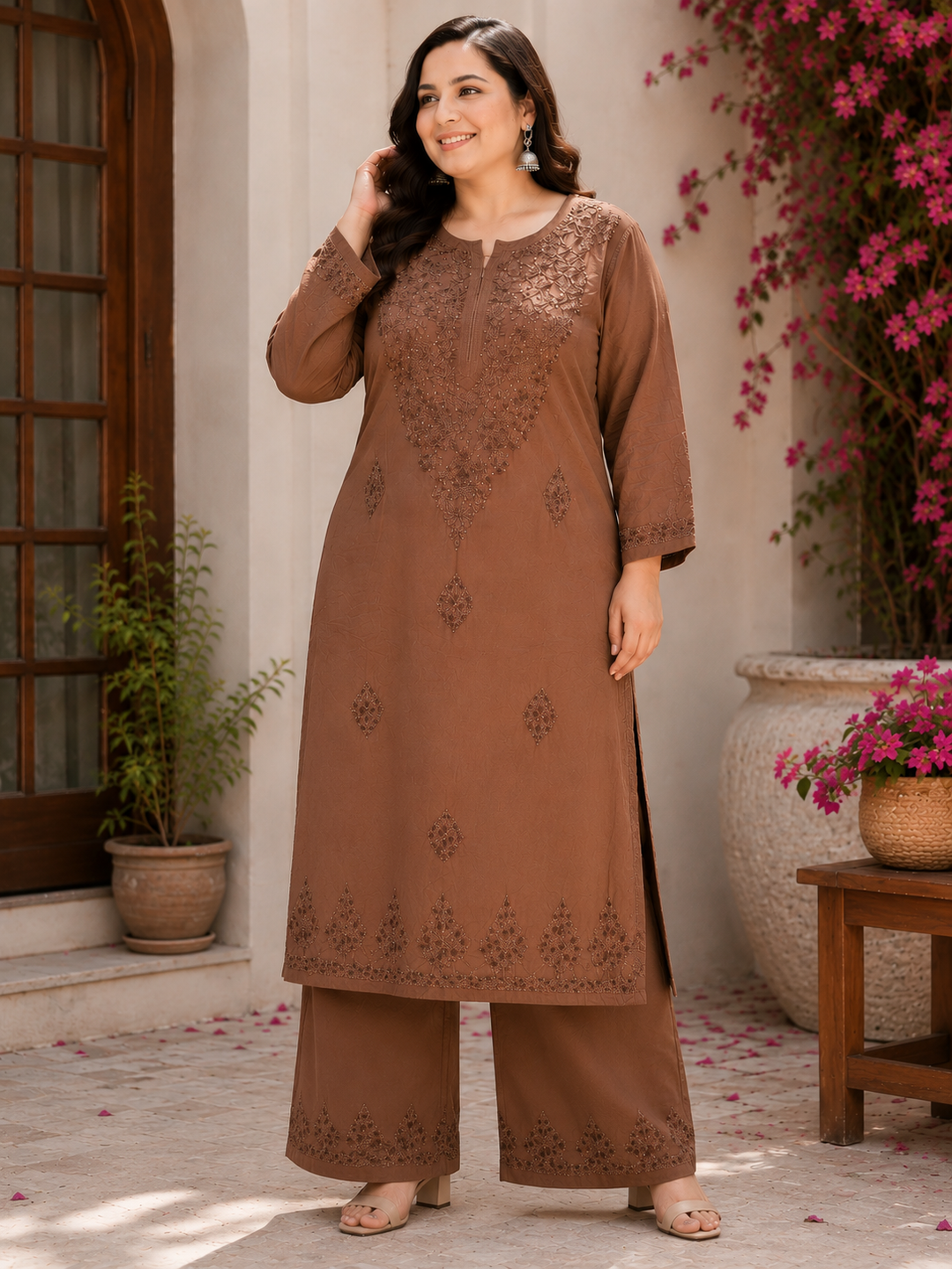 Brown Rayon Chikankari Kurta Set