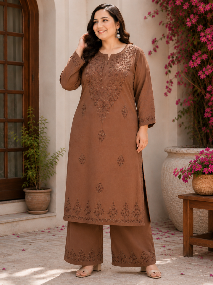 Brown Rayon Chikankari Kurta Set