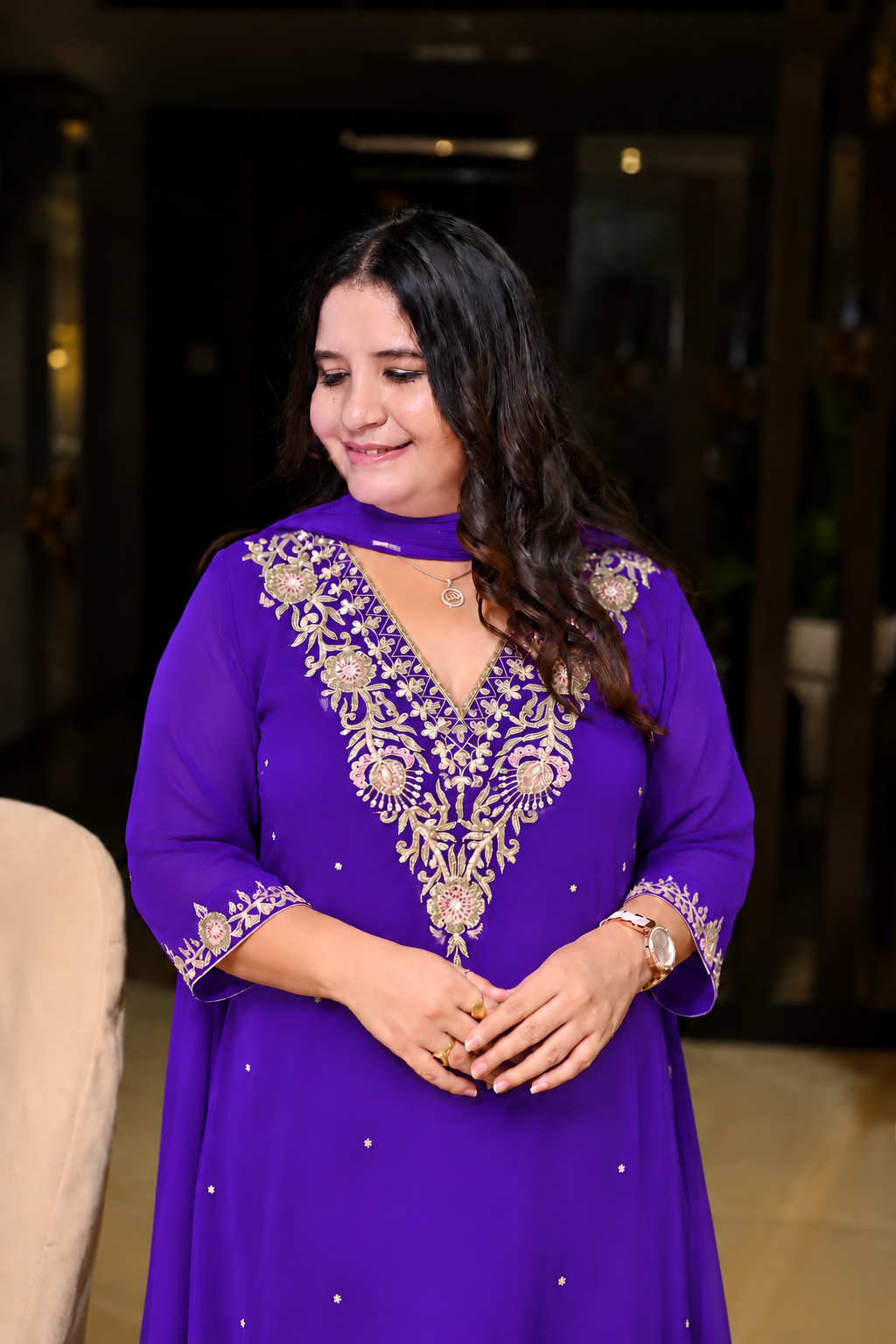 Purple Georgette embroidered suit Set-Custom Made