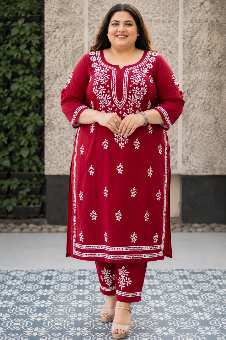 Maroon Rayon Chikankari Kurta with Pant Set -Custom Made