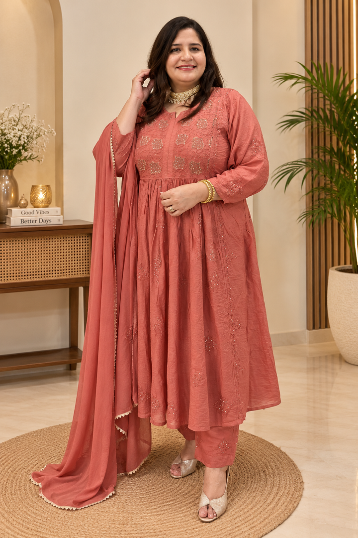 Rust Chanderi Chikankari Suit Set-Custom Made