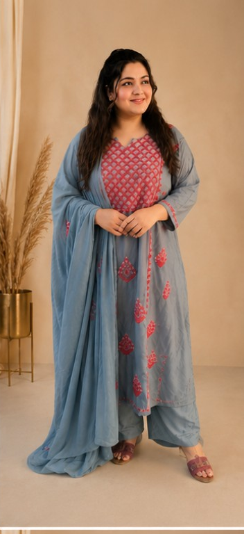 Dark Grey Rayon A-line Chikankari Suit Set-Custom Made