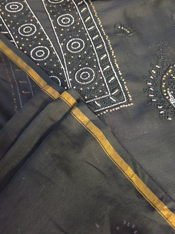 Black Chanderi Chikankari kurta Dupatta Fabric