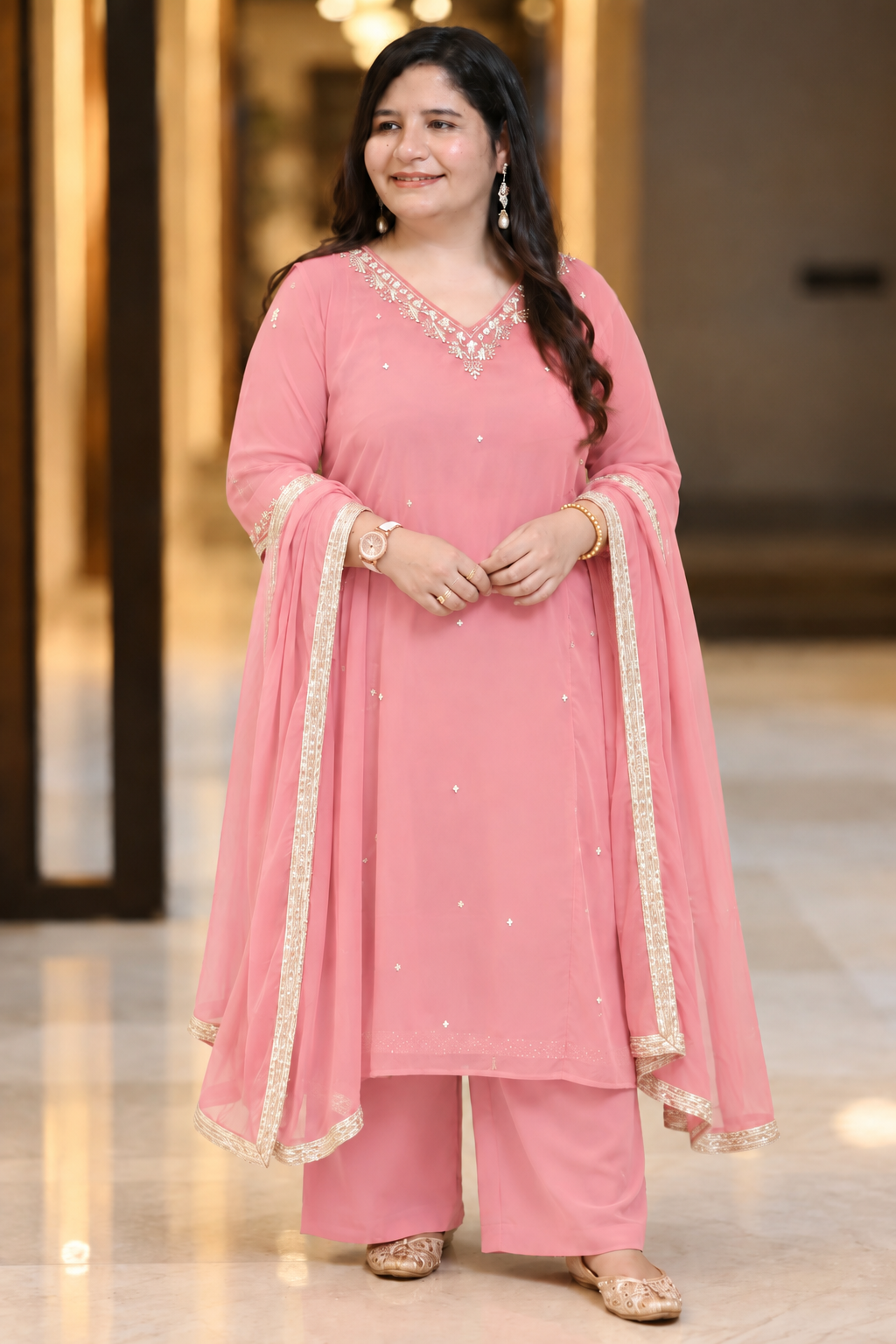 Light pink Georgette embroidered kurta plazzo dupatta set