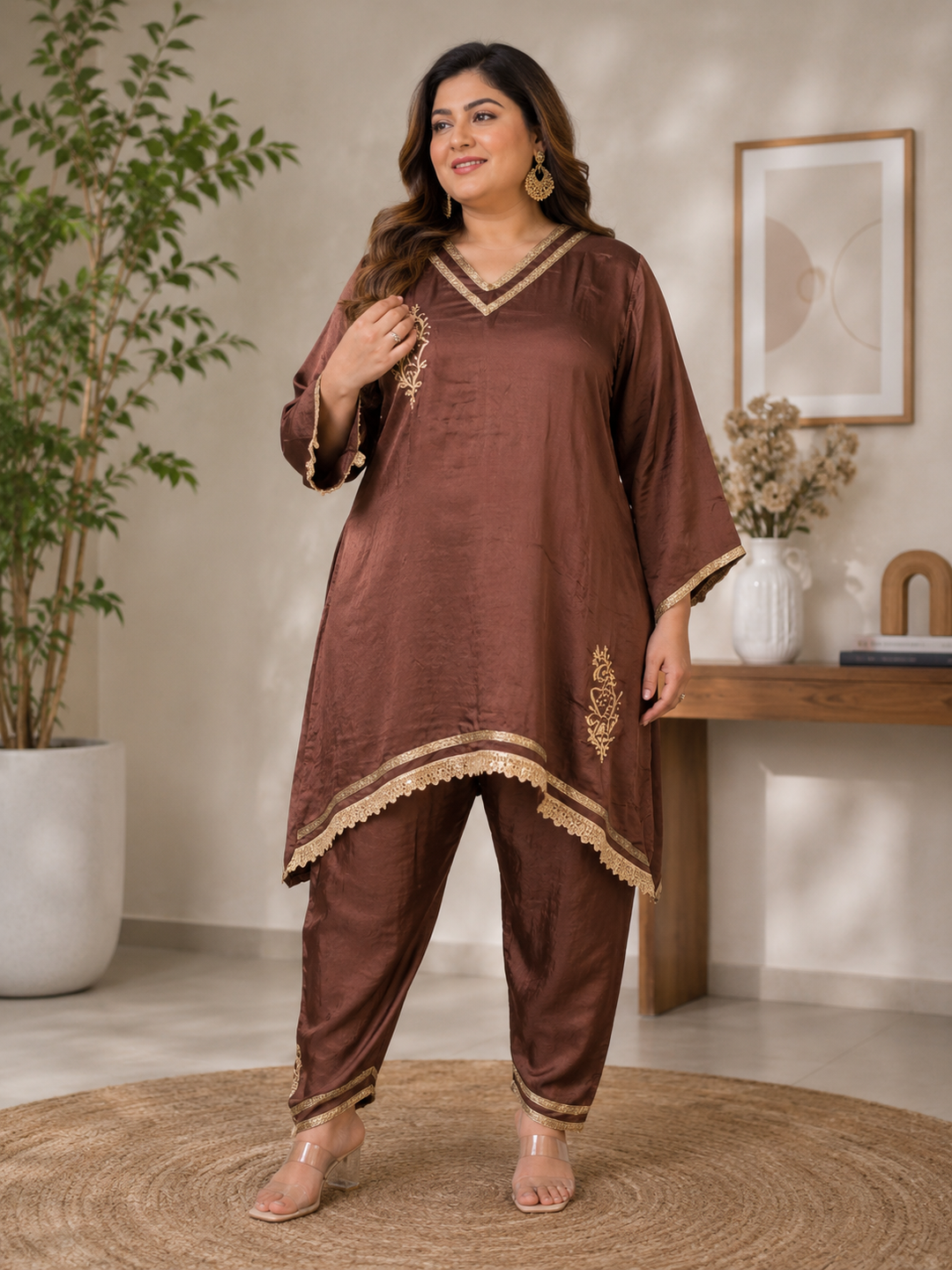 Brown muslin Chikankari Kurta set