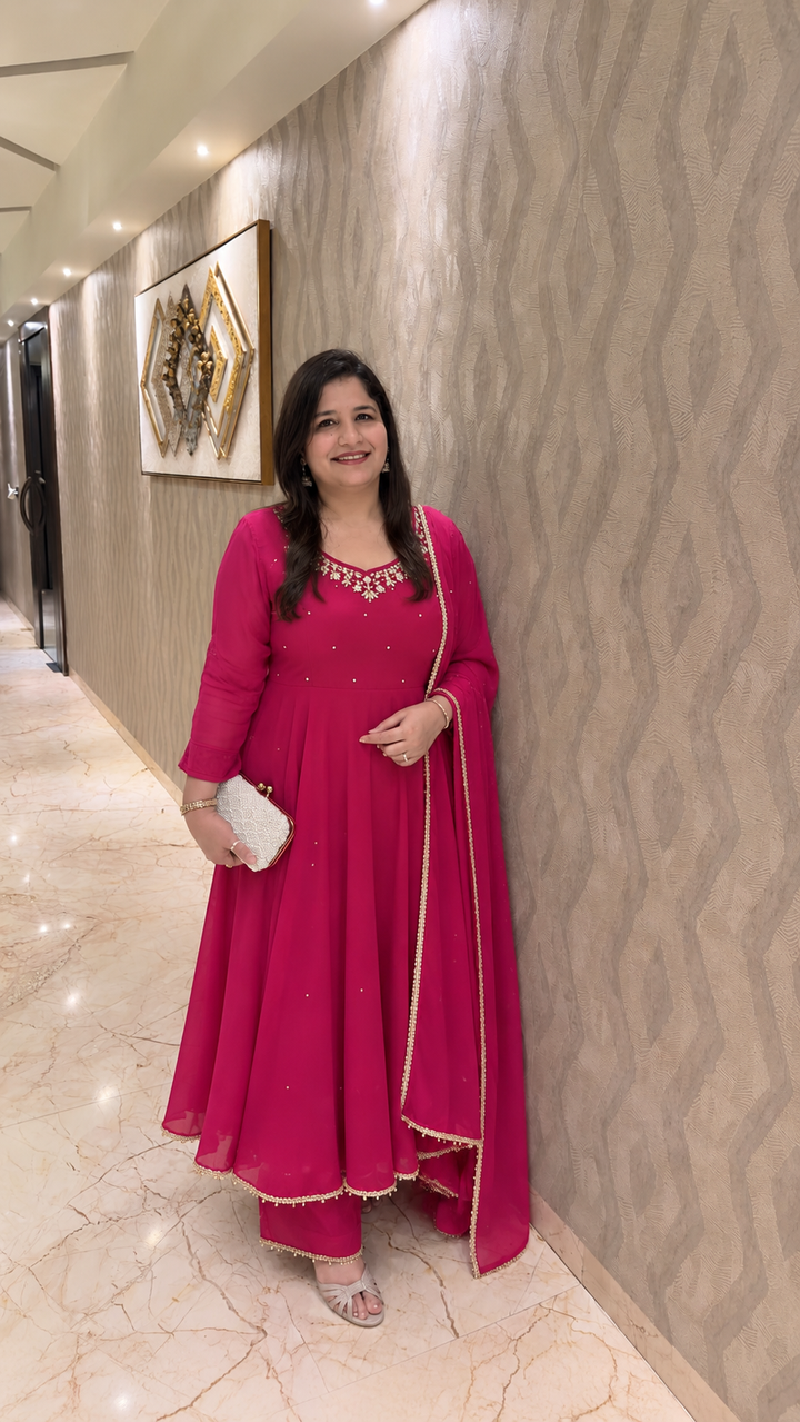 Rani Pink Georgette embroidered Anarkali Set-Custom Made