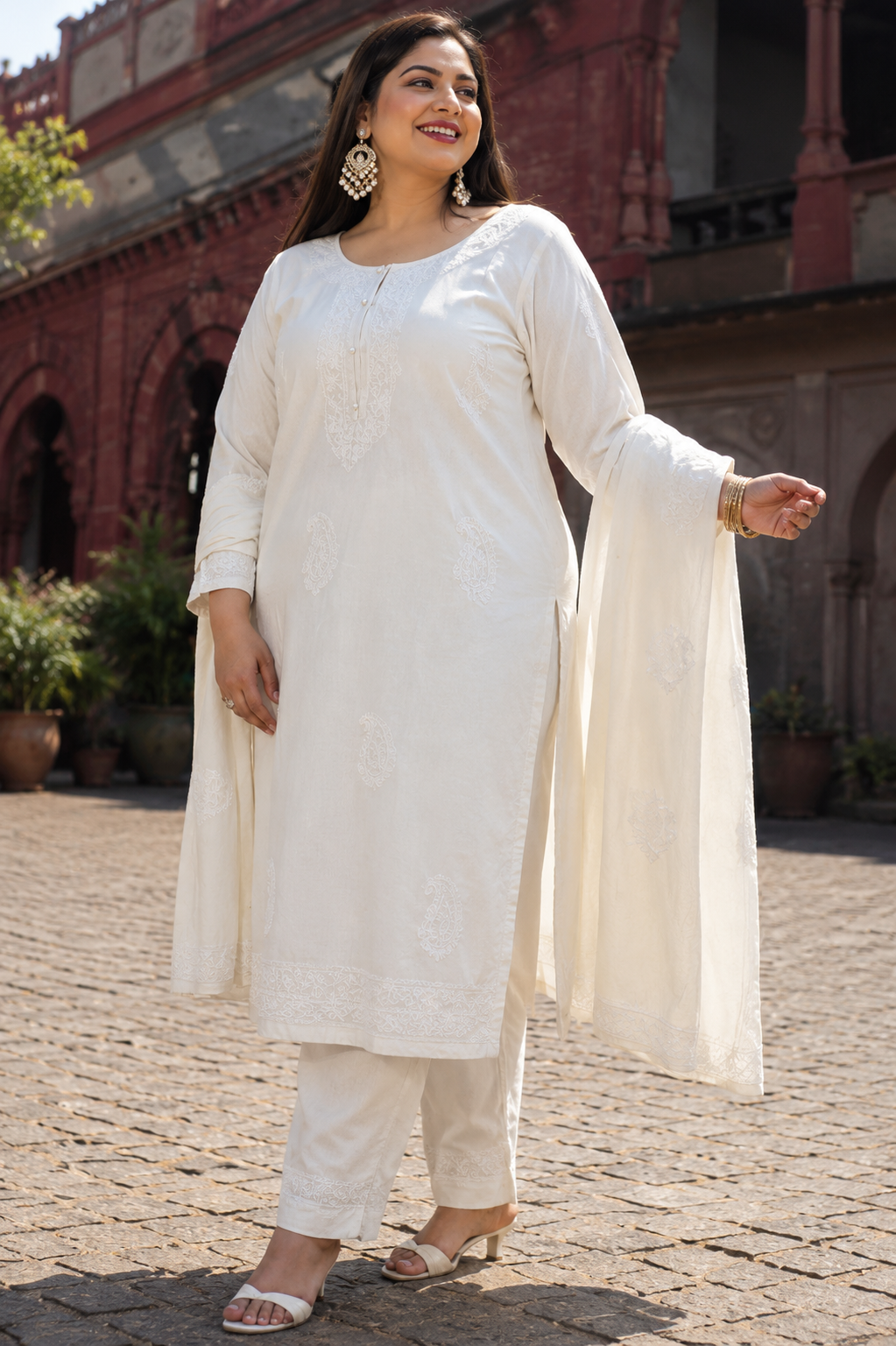 White Chanderi Chikankari Suit Set -Custom Made