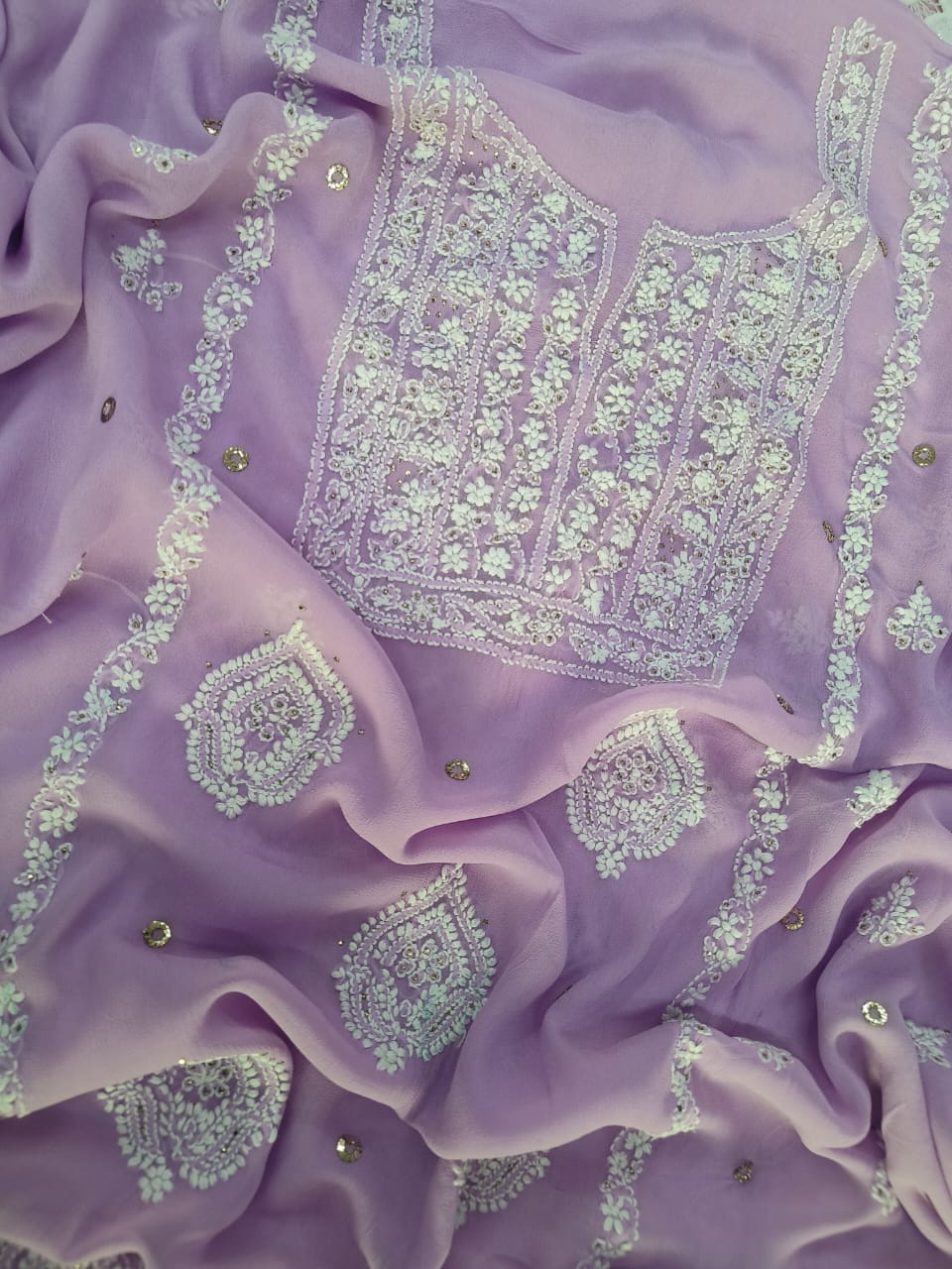 Lilac Lavender Georgette Chikankari Kurta duppata fabric