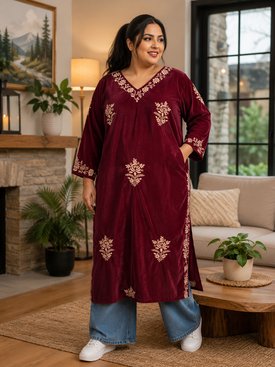 Wine velvet Chikankari kurta