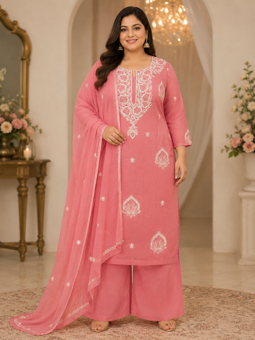 Peach Chikankari Kurta Dupatta Fabric