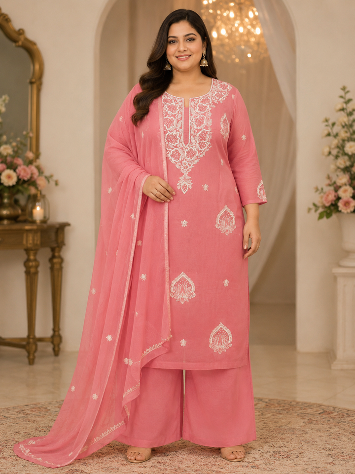 Peach Chikankari Kurta Dupatta Fabric