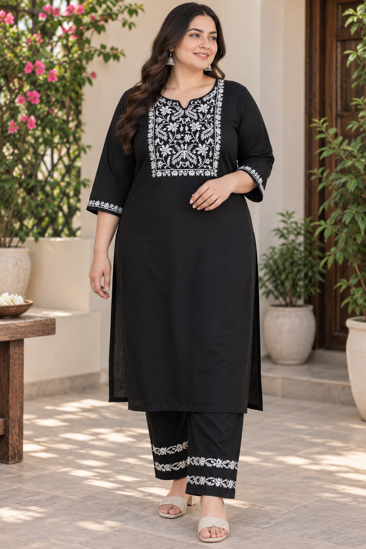 Black Rayon Chikankari Kurta With Pant Set