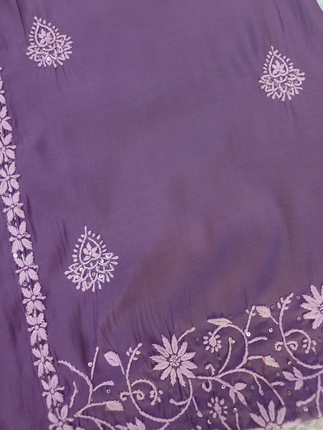 Lavender Chanderi Chikankari A-line shrug Set -Custom Made