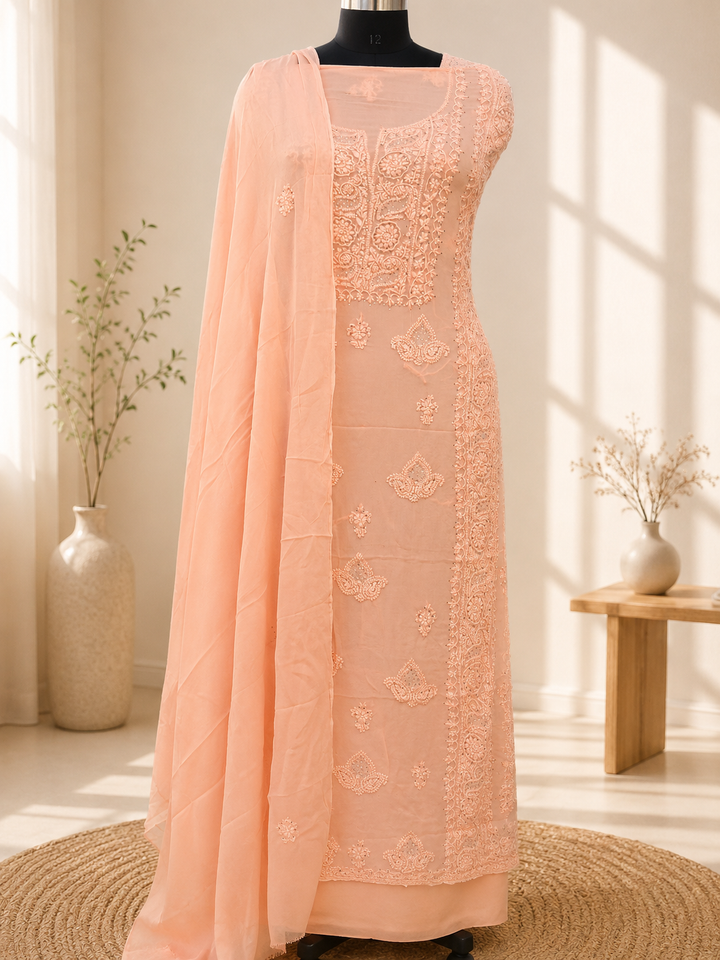 Peach Georgette Chikankari Kurta Duppata set Fabric