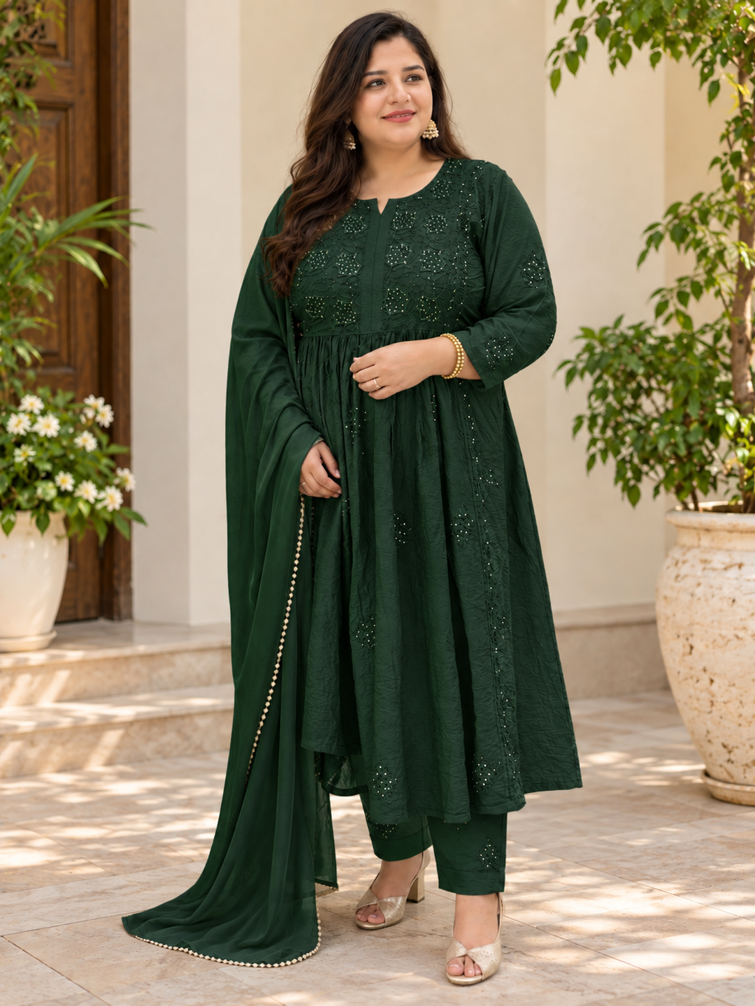 Dark green Chanderi Chikankari Suit Set