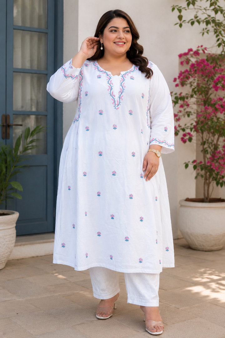 White Rayon A-Line Chikankari Kurta -Custom Made