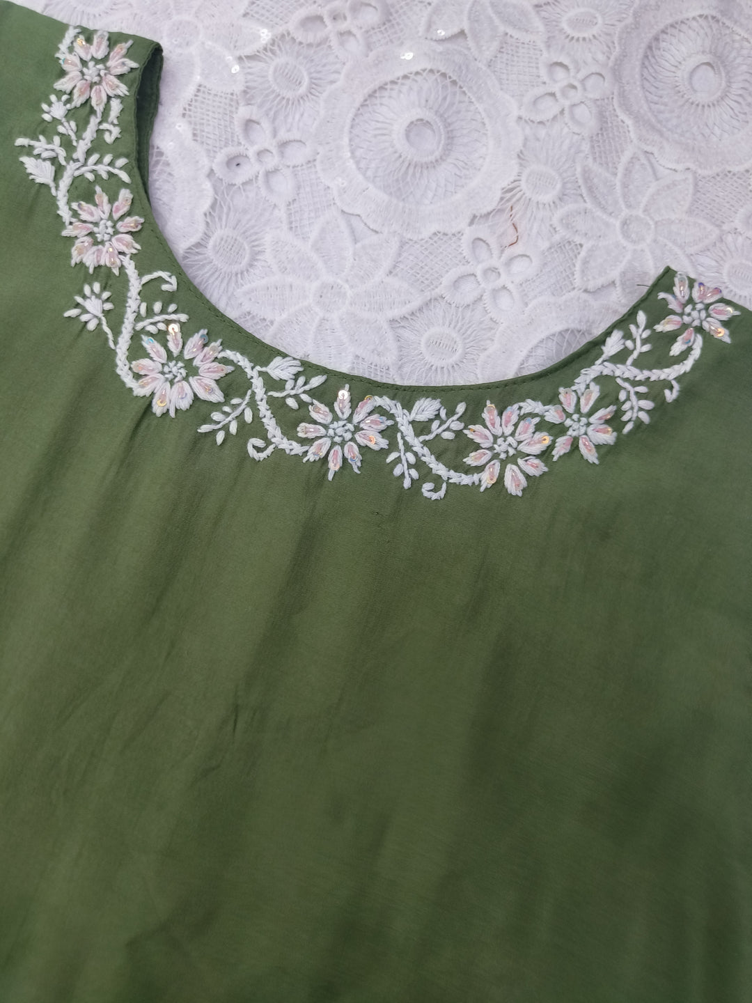Dark Green Chanderi Chikankari A-line Co-set -Custom Made