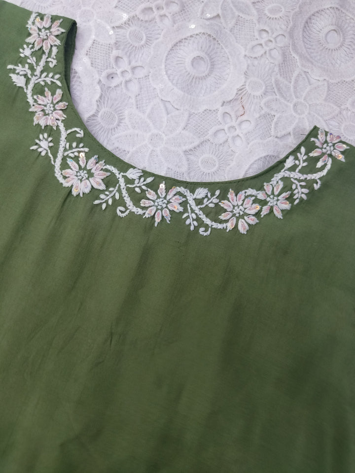 Dark Green Chanderi Chikankari A-line Co-set -Custom Made