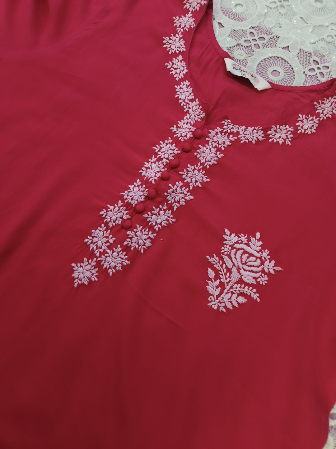 Pink rayon chikankari short kurta -Custom Made