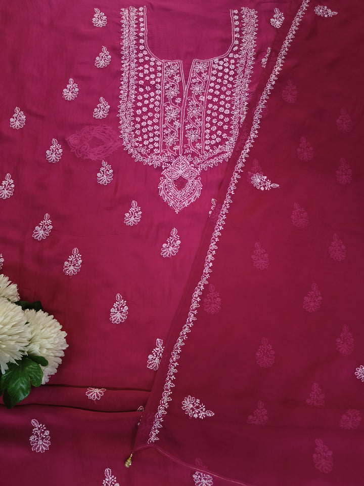 Rani Pink Organza Chikankari Kurta Dupatta Fabric