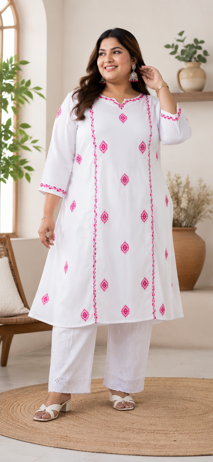 White Rayon A-line Chikankari Kurta- Custom Made