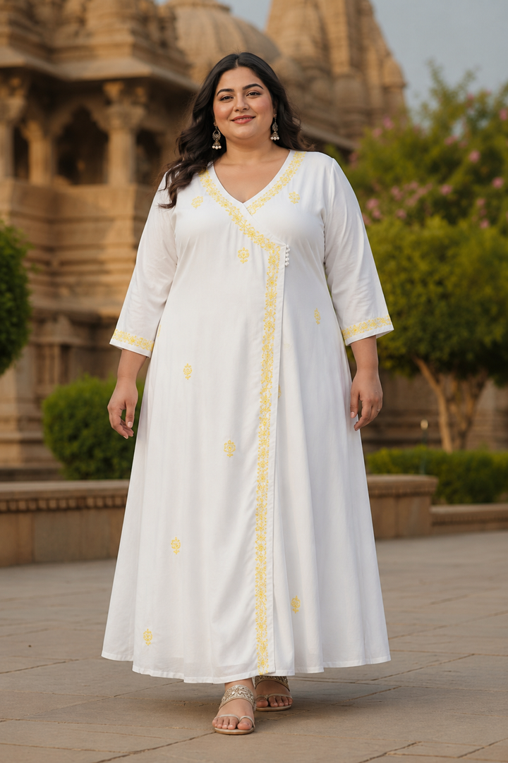 White Rayon Chikankari Angrakha Kurta- Custom Made