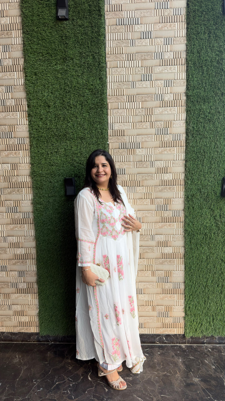 White A-line Chikankari Georgette Set - Custom made