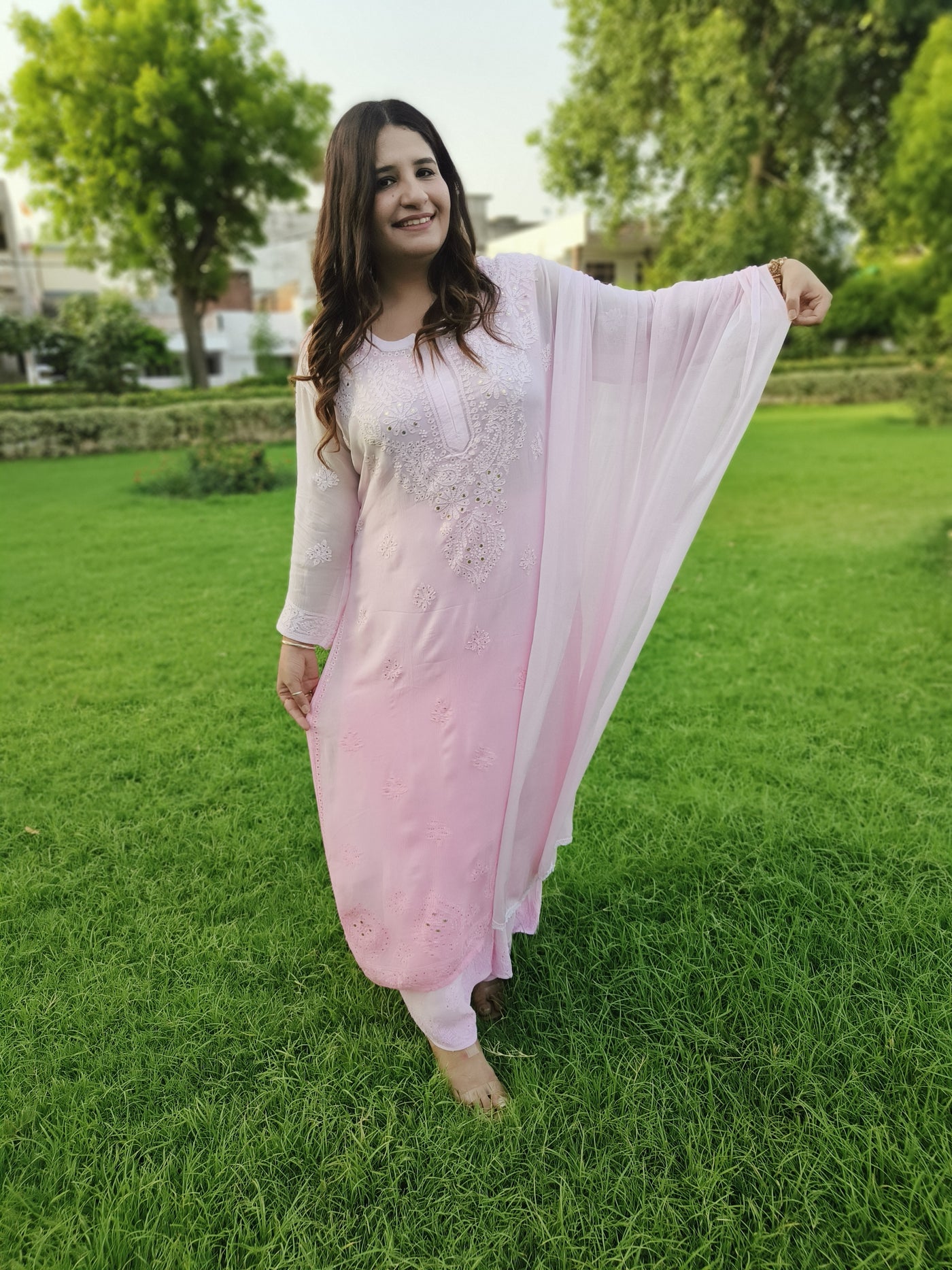 Pink Ombre Pure Georgette Chikankari Kurta-Custom Made