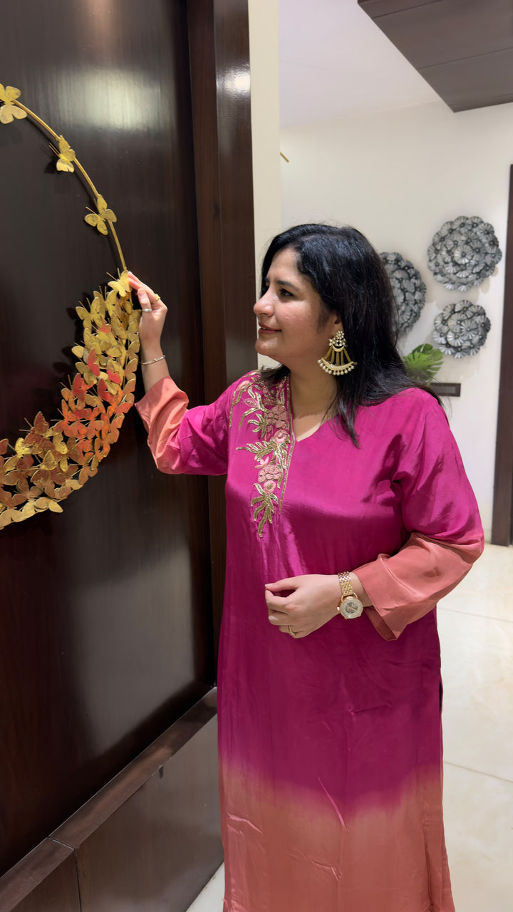 Pink ombre Hand Embroidered kurta with pant Set -Custom Made