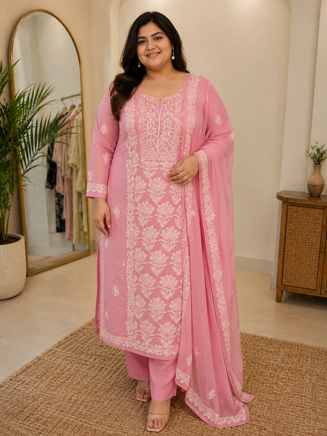 Pink rose organza Chikankari Kurta duppata fabric