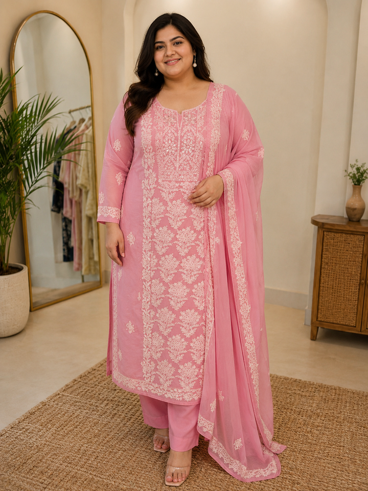 Pink rose organza Chikankari Kurta duppata fabric