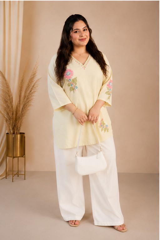 Linen Cotton Beige Chikankari short kurta-Custom Made